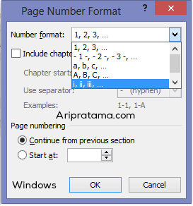 page number angka romawi windows